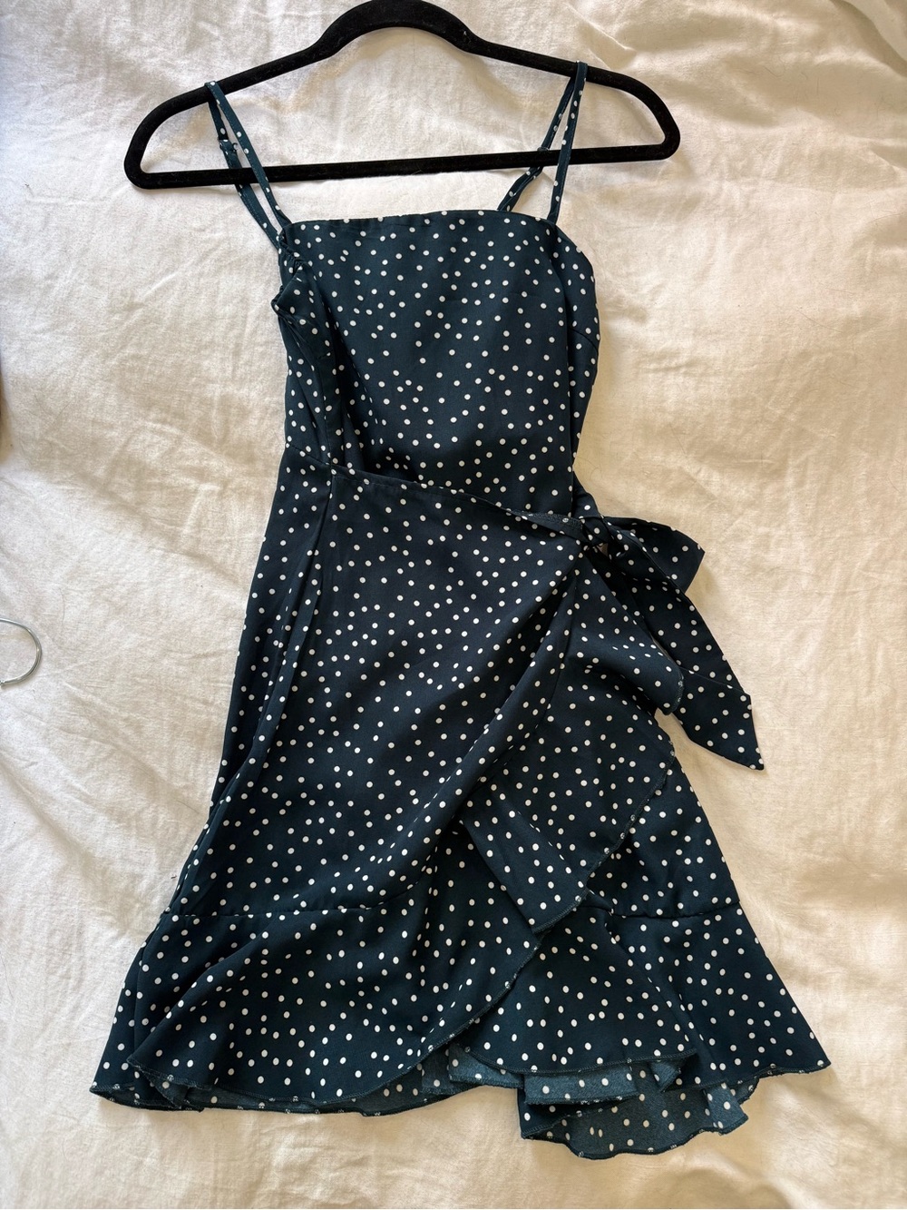 Navy Polka Dot Mini Dress with Waist Tie